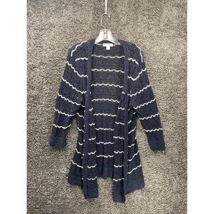 Christopher & Banks Cardigan Sweater Women XL Blue White Striped Knit Open Front